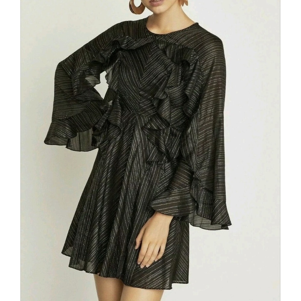 BCBGMAXAZRIA Metallic Stripe Mini Dress Small Black Flare‎ Ruffle Bell Sleeve